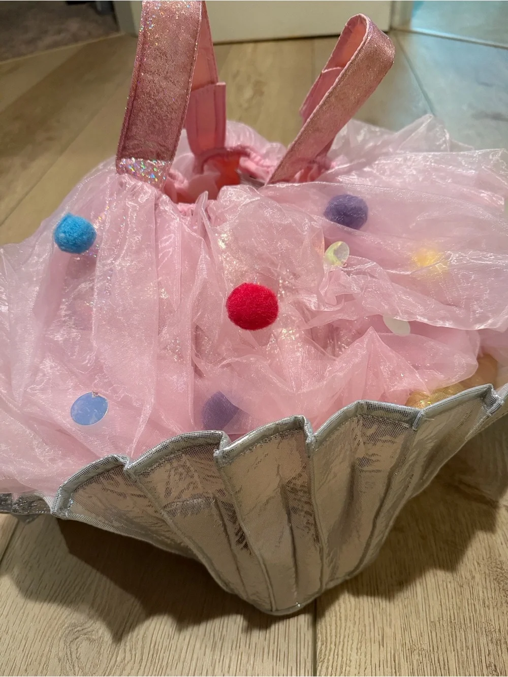 Pottery Barn Kids Pink Pom-Pom Cupcake Costume with Silver Liner - Picture 3 of 3